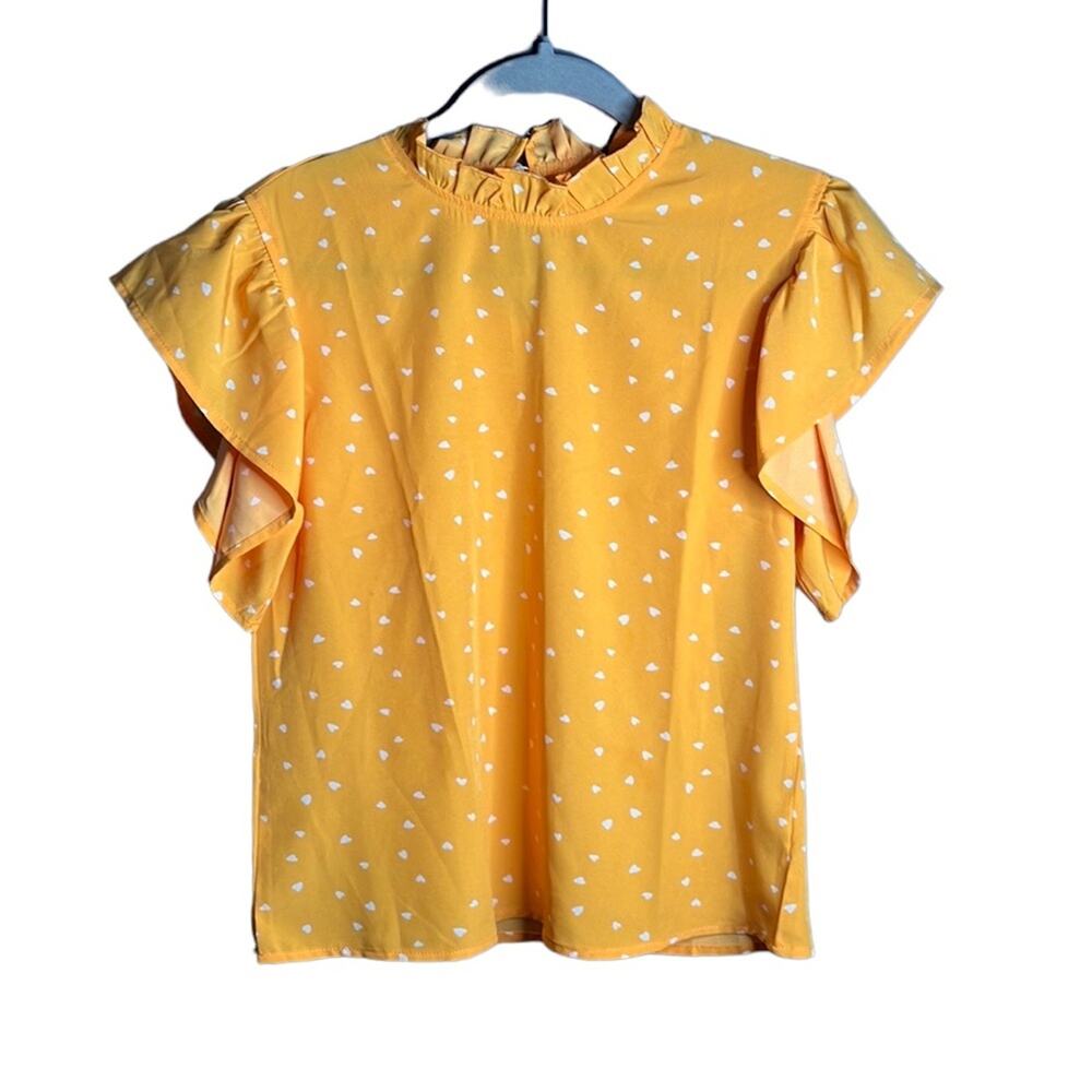 SHEIN Yellow Heart Print Short Ruffle Sleeve Blouse Small